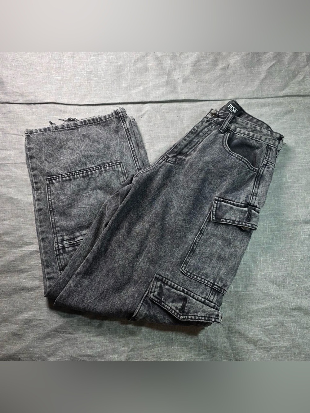 Rise Supply Co Acid Wash Cargo Jeans Womens High Rise Wide Leg Skate Y2K Black